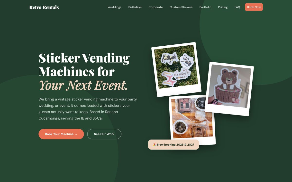 Retro Rentals home page: Sticker vending machines for your next event, with photos of custom stickers