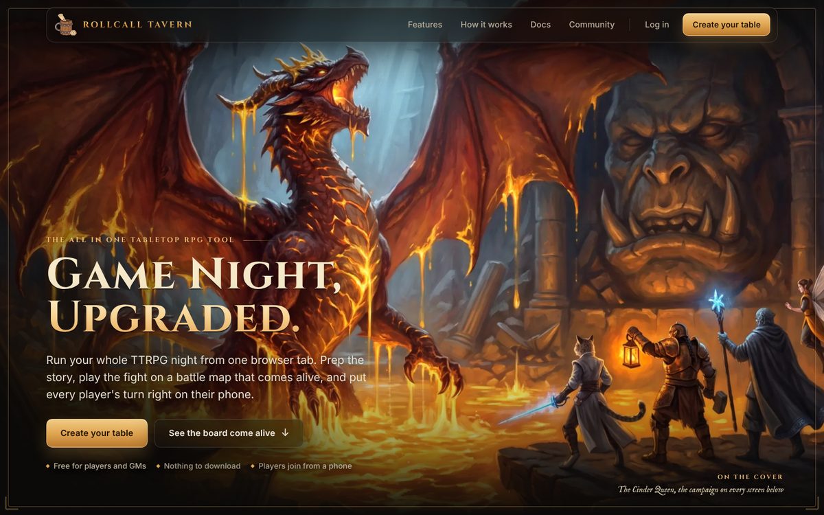 RollCall Tavern home page: Game night, upgraded, with a painted dragon and a party of adventurers
